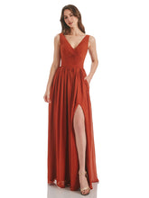 Orange A-Line V-Neck Long Bridesmaid Dress With Slit