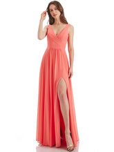 Coral A-Line V-Neck Long Bridesmaid Dress With Slit
