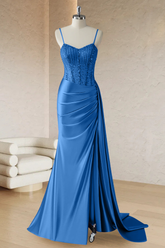 Royal Blue Mermaid Spaghetti Straps Beaded Long Prom Dress with Slit