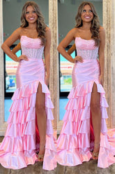 Light Pink Mermaid Strapless Corset Long Prom Dress with Ruffle Skirt