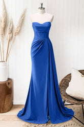 Glitter Royal Blue Strapless Mermaid Long Prom Dress with Slit