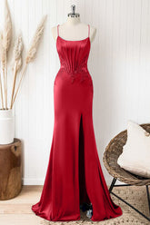Red Mermaid Corset Spaghetti Straps Long Prom Dress with Appliques