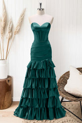 Emerald Green Mermaid Strapless Corset Tiered Prom Dress