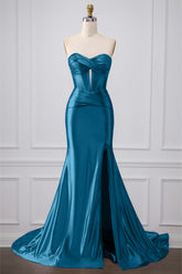 Blue Sparkly Mermaid Sweetheart Corset Long Prom Dress with Slit