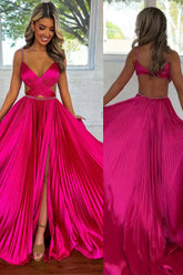 Hot Pink A Line Pleated Cutout Open Back Prom Dress with Slit