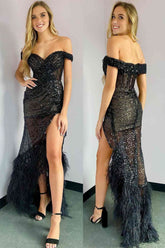 Glitter Black Mermaid Off The Shoulder Long Prom Dress with Feather