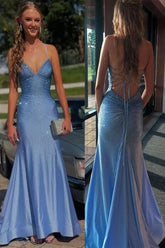 Sparkly Blue Mermaid Spaghetti Straps V-Neck Rhinestone Long Prom Dress