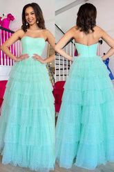 Mint Green A Line Straplesss Tulle Tiered Prom Dress