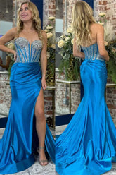 Blue Mermaid Strapless V-Neck Beads Pleated Long Prom Dress with Slit