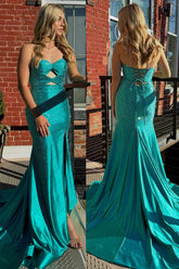 Dark Green Mermaid Strapless Keyholes Beaded Long Prom Dress with Slit