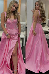 Pink A-Line Satin Pleated Long Prom Dress with Slit