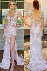 Pink Mermaid 3D Floral Side Slit Prom Dress with Feathers
