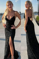 Black Mermaid Spaghetti Straps V-Neck Sequined Long Prom Dress with Slit