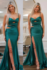 Dark Green Mermaid Spaghetti Straps Cutout Prom Dress with Slit