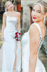 White Mermaid One Shoulder Mirror-Cut Sequins Prom Dress with Slit