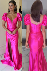 Hot Pink Mermaid V-Neck Short Sleeves Satin Pleated Long Prom Dress with Slit