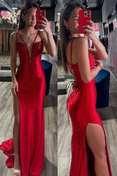 Red Mermaid Rhinestone V-Neck Long Prom Dress with Slit