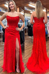 Red Mermaid Strapless Lace Appliques Long Prom Dress with Slit