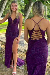 Dark Purple Mermaid Spaghetti Straps V-Neck Appliques Long Prom Dress with Slit