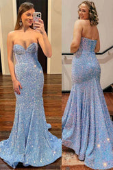 Sparkly Light Blue Mermaid Strapless Sweetheart Sequins Long Prom Dress
