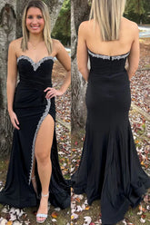 Black Mermaid Strapless Sweetheart Beads Long Prom Dress with Slit