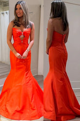 Orange Mermaid Strapless Bows Pleated Long Prom Dress