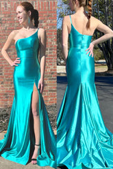 Green Mermaid One Shoulder Sleeveless Satin Pleated Long Prom Dress with Slit