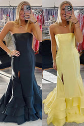 Yellow Mermaid Strapless Satin Layered Prom Dress with Slit