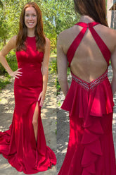 Burgundy Mermaid Scoop Neck Satin Pleated Long Prom Dress with Train