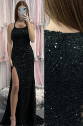 Black Mermaid Sequined Scoop Neck Sleeveless Long Prom Dress with Slit