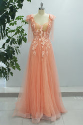 Coral A Line Tulle Spaghetti Straps Sweetheart Prom Dress with Slit