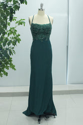 Dark Green Mermaid Spaghetti Straps Satin Long Prom Dress with Slit
