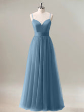 Dark Blue A Line Spaghetti Straps Ruched Floor Length Bridesmaid Dress