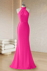 Red Mermaid Pleated Cut Out Long Prom Dress with High Neck