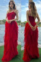 Red Mermaid Spaghetti Straps Ruffles Tulle Sleeveless Long Prom Dress