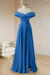 Blue A Line Off The Shoulder Lace Up Back Long Prom Dress with Slit