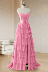 Pink A-Line Strapless Corset Ruffle Tiered Long Prom Dress with Slit