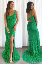 Glitter Green Mermaid V Neck Long Prom Dress with Slit