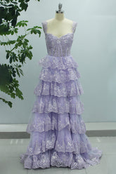 Lilac Princess A Line Sweetheart Tiered Sequin Tulle Prom Dress With Slit