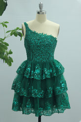 Dark Green A Line One Shoulder Short Homecoming Dress with Appliques Beading