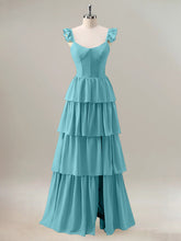 Sky Blue A Line Corset Tiered Ruched Long Bridesmaid Dress with Slit
