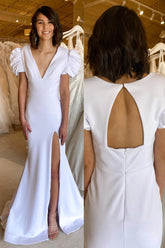 White Mermaid Plunge V Cutout Back Long Prom Dress with Slit