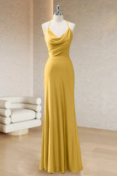 Yellow Mermaid Spaghetti Straps Ruched Long Prom Dress