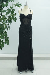 Black Mermaid Sparkly Spaghetti Straps Long Prom Dress with Slit