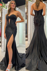 Black Mermaid Strapless Keyhole Satin Long Prom Dress with Slit