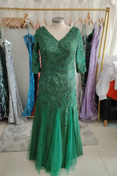 Green A-Line V-Neck Short Sleeves Tulle Mother Of The Bride Dresses