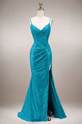 Green Mermaid Sparkly Corset Long Prom Dress with Slit