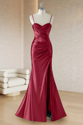 Red Mermaid Spaghetti Straps Corset Long Prom Dress with Slit