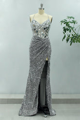 Grey Spaghetti Straps Sequin Mermaid Prom Dress with Slit