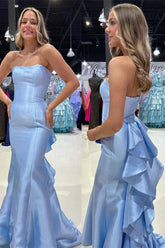 Blue Mermiad Satin Strapless Long Prom Dress with Ruffle Train